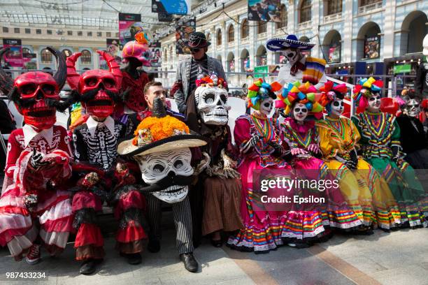 Participants of Day of the Dead celebration at the National House of Mexico for fans in Gostiny Dvor during FIFA World Cup Russia 2018 on June 29,...