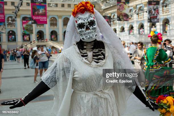 Participants of Day of the Dead celebration at the National House of Mexico for fans in Gostiny Dvor during FIFA World Cup Russia 2018 on June 29,...