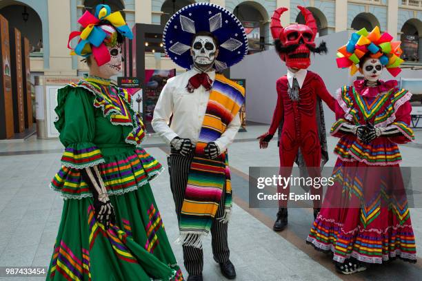 Participants of Day of the Dead celebration at the National House of Mexico for fans in Gostiny Dvor during FIFA World Cup Russia 2018 on June 29,...