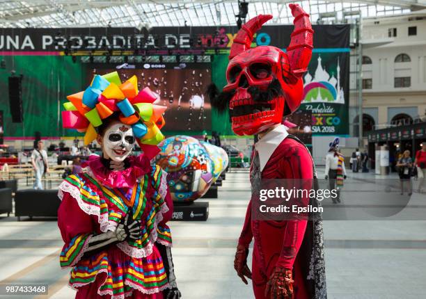 Participants of Day of the Dead celebration at the National House of Mexico for fans in Gostiny Dvor during FIFA World Cup Russia 2018 on June 29,...