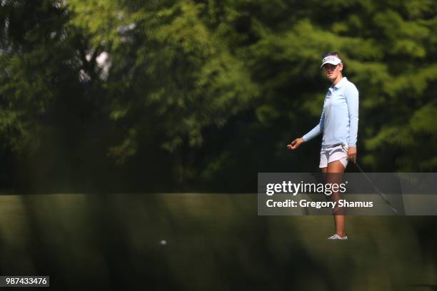 Jessica Korda reacts to a missed birdie putt on the 17th green during the second round of the 2018 KPMG PGA Championship at Kemper Lakes Golf Club on...