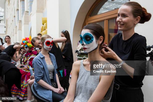 Participants of Day of the Dead celebration at the National House of Mexico for fans in Gostiny Dvor during FIFA World Cup Russia 2018 on June 29,...