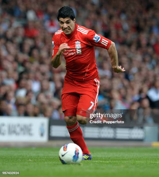 Luis Suarez of Liverpool in action during the Barclays Premier League match between Liverpool and Sunderland at Anfield in Liverpool on August 13,...