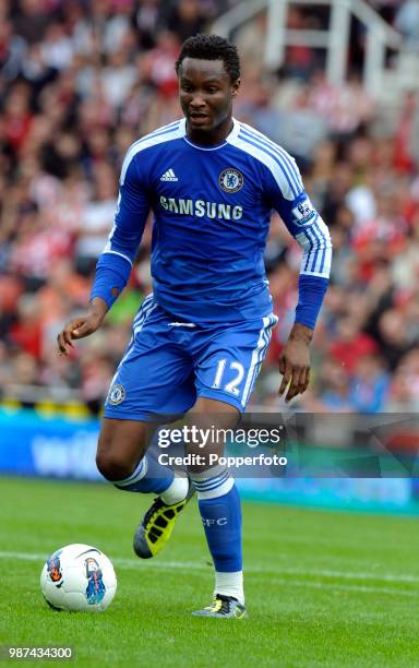 John Obi Mikel of Chelsea in action during the Barclays Premier League match between Stoke City and Chelsea at the Britannia Stadium in...