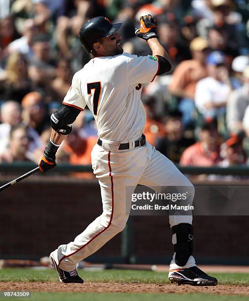 Mark DeRosa of the San Francisco Giants bats during the game between the St. Louis Cardinals and the San Francisco Giants on Sunday, April 25 at AT&T...