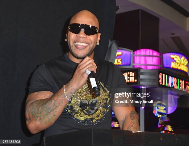 Rapper Flo Rida speaks during his memorabilia case dedication at the Hard Rock Hotel & Casino on June 29, 2018 in Las Vegas, Nevada.