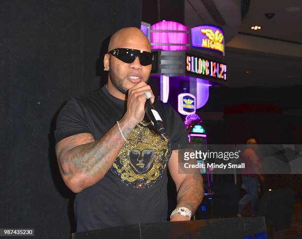 Rapper Flo Rida speaks during his memorabilia case dedication at the Hard Rock Hotel & Casino on June 29, 2018 in Las Vegas, Nevada.