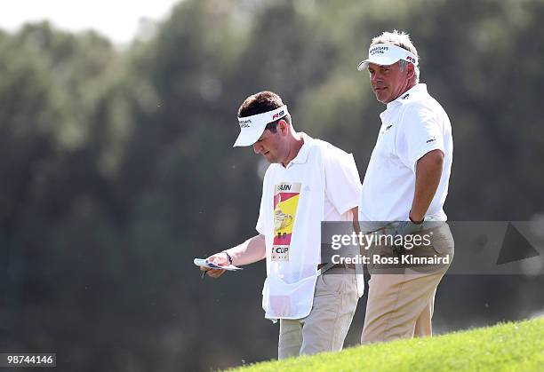 Darren Clarke of Northern Ireland on the par five 16th hole during the first round of the Open de Espana at the Real Club de Golf de Seville on April...