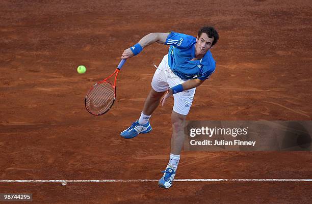 Andy Murray of Great Britain serves to David Ferrer of Spain during day five of the ATP Masters Series - Rome at the Foro Italico Tennis Centre on...