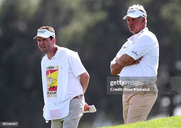 Darren Clarke of Northern Ireland on the par five 16th hole during the first round of the Open de Espana at the Real Club de Golf de Seville on April...