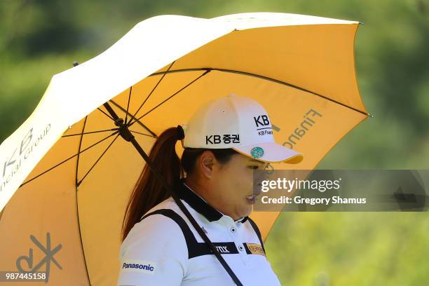 Inbee Park of Korea walks to the 14th green during the second round of the 2018 KPMG PGA Championship at Kemper Lakes Golf Club on June 29, 2018 in...