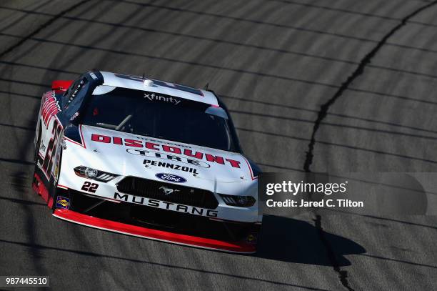 Paul Menard, driver of the Discount Tire Ford, practices for the NASCAR Xfinity Series Overton's 300 at Chicagoland Speedway on June 29, 2018 in...