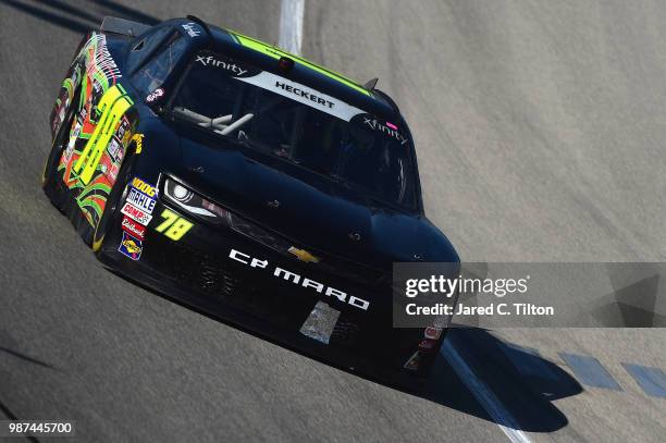 Scott Heckert, driver of the JW Transport LLC Chevrolet, practices for the NASCAR Xfinity Series Overton's 300 at Chicagoland Speedway on June 29,...