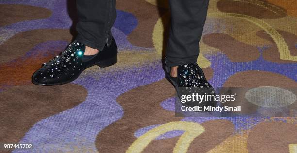 Rapper Flo Rida, Guiseppe Zanotti shoe detail, attends a memorabilia case dedication at the Hard Rock Hotel & Casino on June 29, 2018 in Las Vegas,...