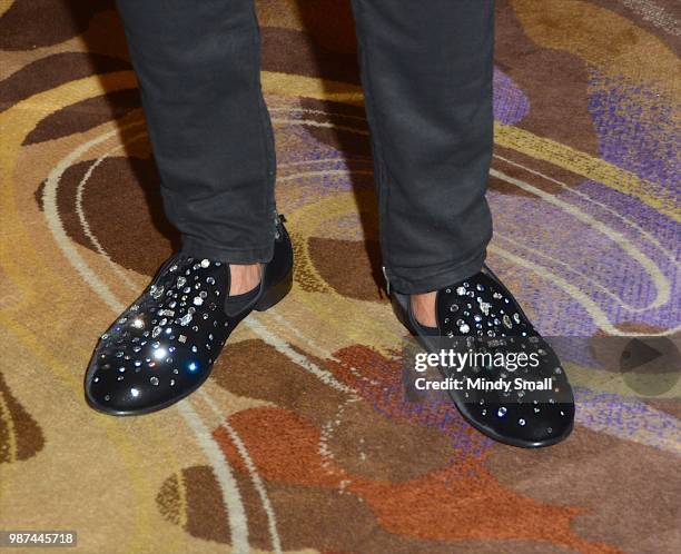 Rapper Flo Rida, Guiseppe Zanotti shoe detail, attends a memorabilia case dedication at the Hard Rock Hotel & Casino on June 29, 2018 in Las Vegas,...