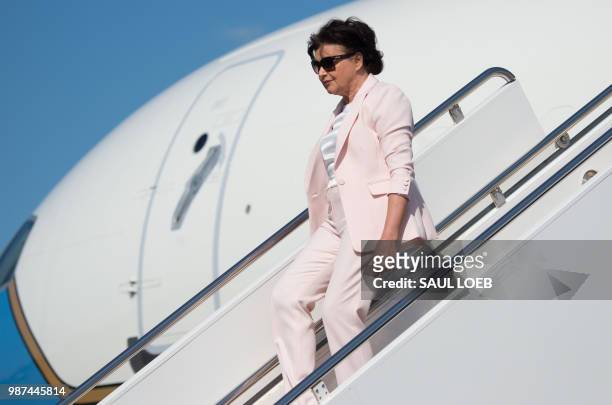 Amalija Knavs, mother of First Lady Melania Trump, disembarks from Air Force One upon arrival at Morristown Municipal Airport in Morristown, New...