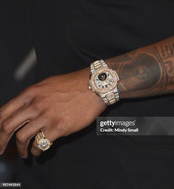 Rapper Flo Rida, watch and ring detail, attends a memorabilia case dedication at the Hard Rock Hotel & Casino on June 29, 2018 in Las Vegas, Nevada.