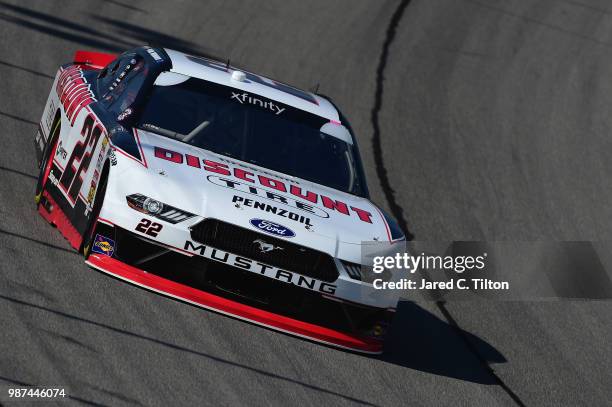 Paul Menard, driver of the Discount Tire Ford, practices for the NASCAR Xfinity Series Overton's 300 at Chicagoland Speedway on June 29, 2018 in...