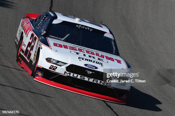 Paul Menard, driver of the Discount Tire Ford, practices for the NASCAR Xfinity Series Overton's 300 at Chicagoland Speedway on June 29, 2018 in...