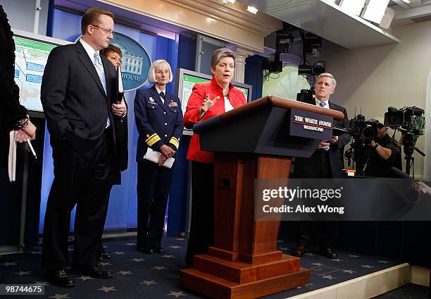 Homeland Security Secretary Janet Napolitano speaks as White House Press Secretary Robert Gibbs , Environmental Protection Agency Administrator Lisa...