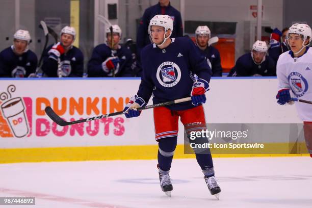 New York Rangers Defenseman Brogan Rafferty skates during New York Rangers Prospect Development Camp on June 29, 2018 at the MSG Training Center in...