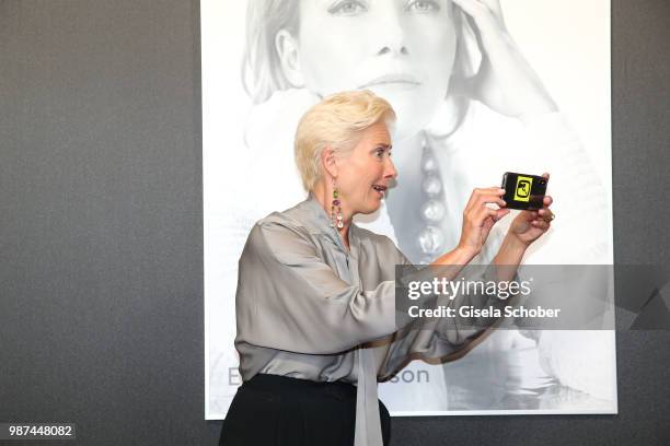 Emma Thompson takes a funny selfie at her photo at the Cine Merit Award Gala during the Munich Film Festival 2018 at Gasteig on June 29, 2018 in...