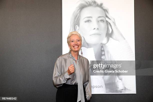 Emma Thompson in front of her photo at the Cine Merit Award Gala during the Munich Film Festival 2018 at Gasteig on June 29, 2018 in Munich, Germany.