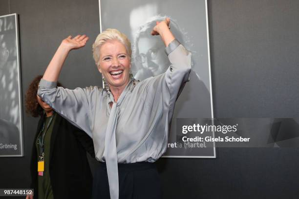 Emma Thompson signs her photo at the Cine Merit Award Gala during the Munich Film Festival 2018 at Gasteig on June 29, 2018 in Munich, Germany.