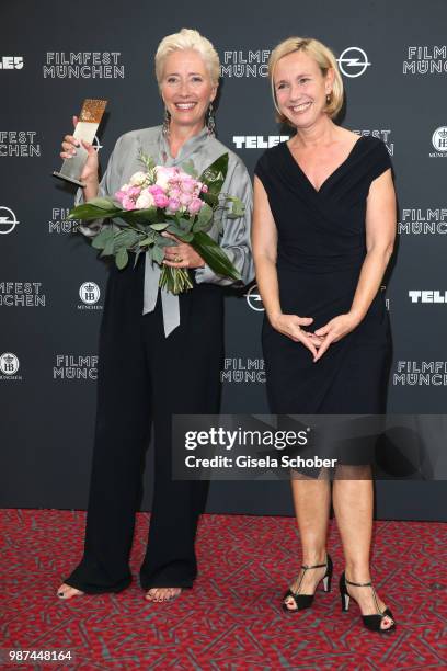 Emma Thompson with her award and Amelie Fried at the Cine Merit Award Gala during the Munich Film Festival 2018 at Gasteig on June 29, 2018 in...