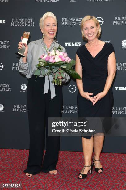 Emma Thompson with her award and Amelie Fried at the Cine Merit Award Gala during the Munich Film Festival 2018 at Gasteig on June 29, 2018 in...