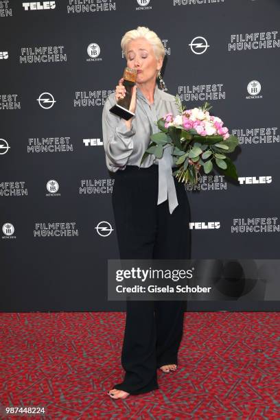 Emma Thompson with her award at the Cine Merit Award Gala during the Munich Film Festival 2018 at Gasteig on June 29, 2018 in Munich, Germany.