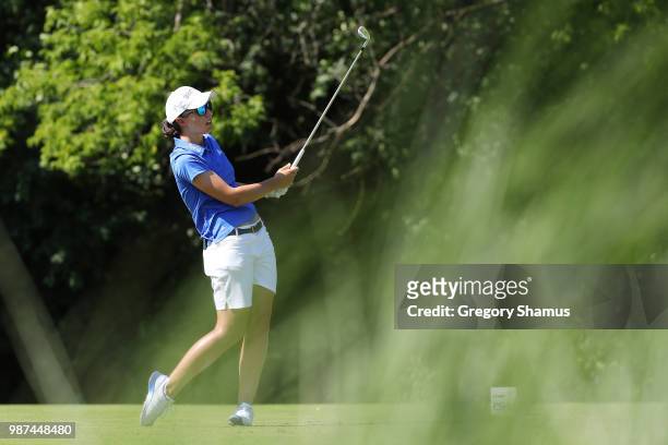 Carlota Ciganda of Spain watches her tee shot on the 17th hole during the second round of the 2018 KPMG PGA Championship at Kemper Lakes Golf Club on...