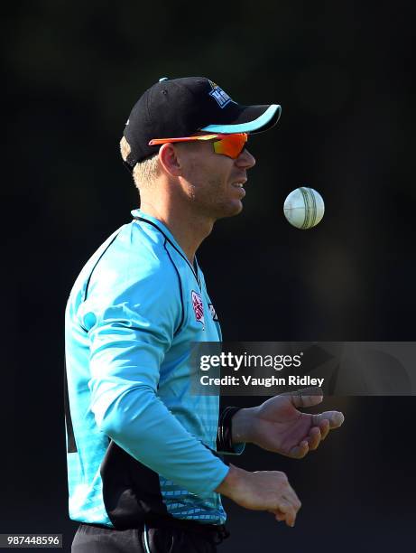 David Warner of Winnipeg Hawks spins at the ball during a Global T20 Canada match against Montreal Tigers at Maple Leaf Cricket Club on June 29, 2018...