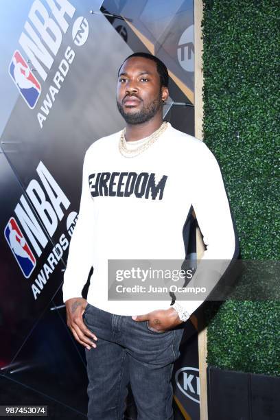 Rapper Meek Mill walks the red carpet before the NBA Awards Show on during the 2018 NBA Awards Show on June 25, 2018 at The Barkar Hangar in Santa...