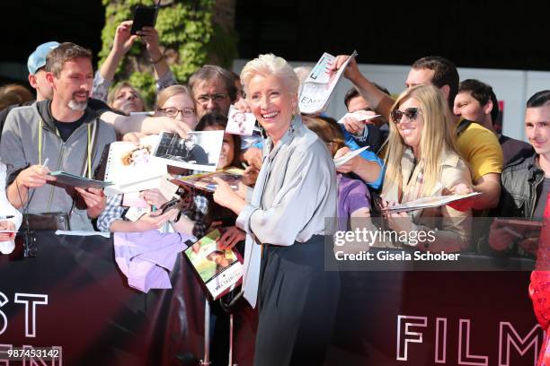 Emma Thompson signs autographs to her fans at the Cine Merit Award Gala during the Munich Film Festival 2018 at Gasteig on June 29, 2018 in Munich,...