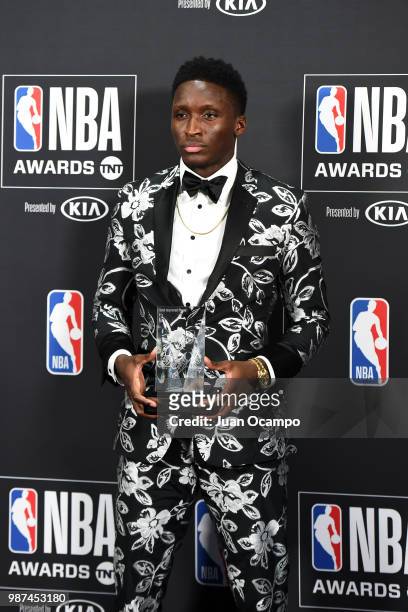 Victor Oladipo of the Indiana Pacers poses for a photograph with the award during the 2018 NBA Awards Show on June 25, 2018 at The Barkar Hangar in...