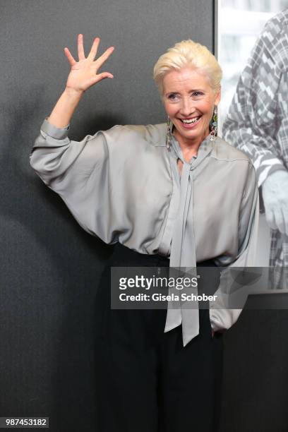 Emma Thompson in front of her photo at the Cine Merit Award Gala during the Munich Film Festival 2018 at Gasteig on June 29, 2018 in Munich, Germany.