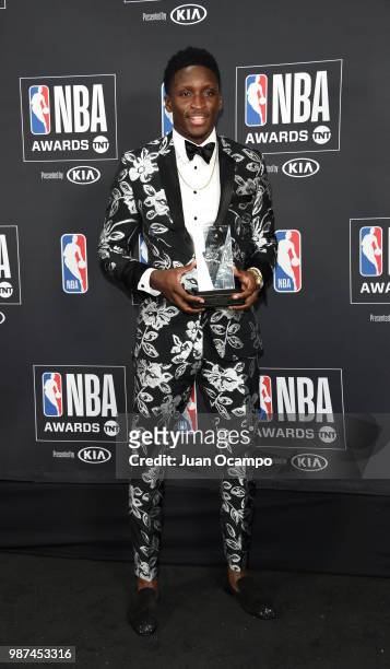 Victor Oladipo of the Indiana Pacers poses for a photograph during the 2018 NBA Awards Show during the 2018 NBA Awards Show on June 25, 2018 at The...
