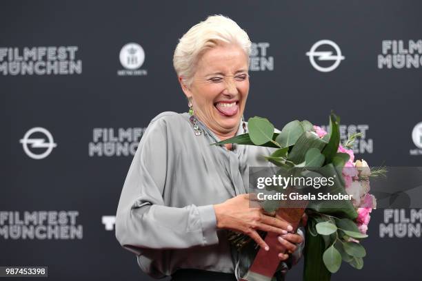 Emma Thompson with her award at the Cine Merit Award Gala during the Munich Film Festival 2018 at Gasteig on June 29, 2018 in Munich, Germany.