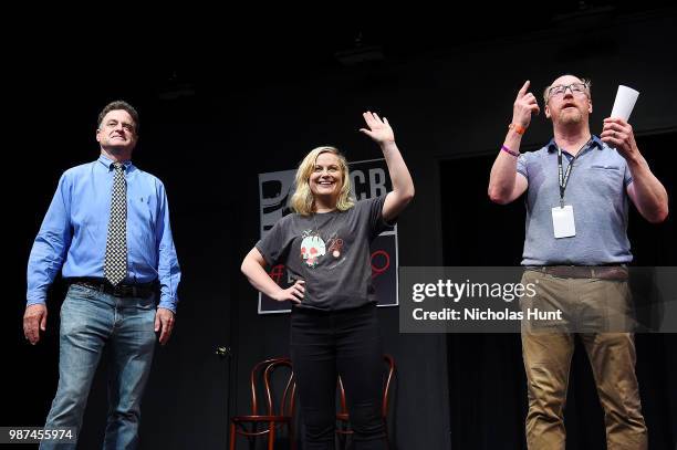 Matt Besser, Amy Poehler and Matt Walsh attend the UCB's 20th Annual Del Close Improv Marathon Press Conference at UCB Theatre on June 29, 2018 in...