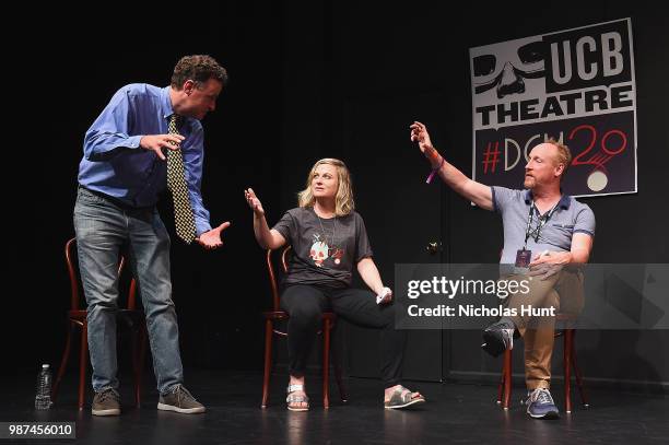 Matt Besser, Amy Poehler and Matt Walsh attend the UCB's 20th Annual Del Close Improv Marathon Press Conference at UCB Theatre on June 29, 2018 in...