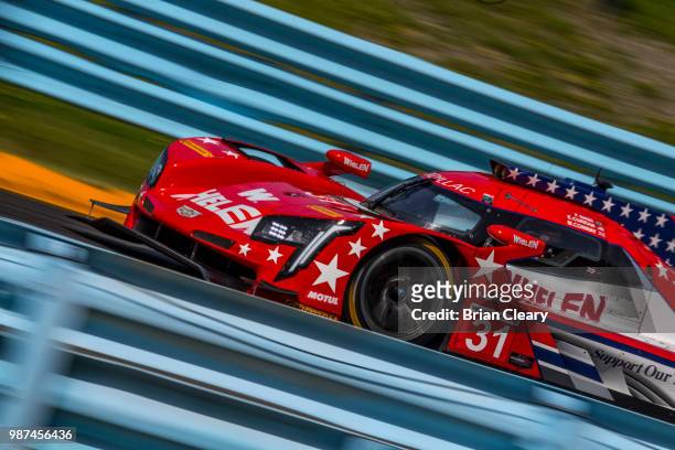 The Cadillac DPi of Eric Curran, Felipe Nasr, of Brazil, and Mike Conway, of Great Britain, races on the track during practice for the Sahlens Six...