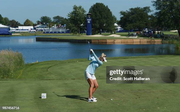 Stacy Lewis hits her tee shot on the 17th hole during the second round of the KPMG Women's PGA Championship at Kemper Lakes Golf Club on June 29,...