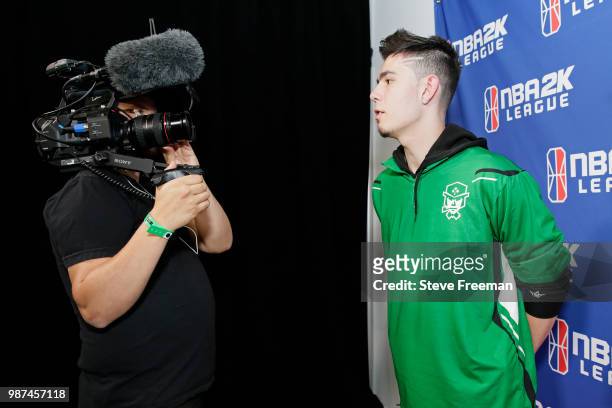 ProFusion of Celtics Crossover Gaming speaks with the media after the match against Grizz Gaming on June 23, 2018 at the NBA 2K League Studio Powered...