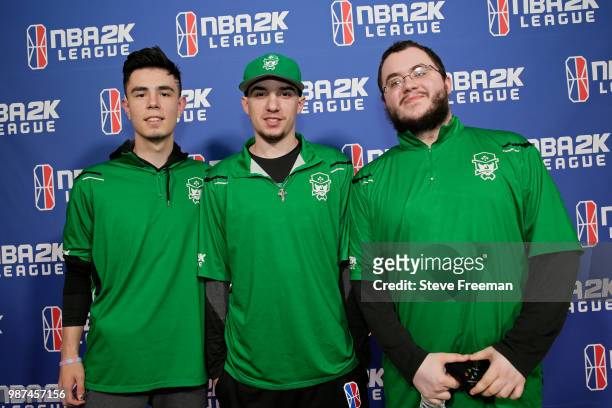 ProFusion, ARSONAL x , and oFAB of Celtics Crossover Gaming pose for a photograph after the match against Grizz Gaming on June 23, 2018 at the NBA 2K...