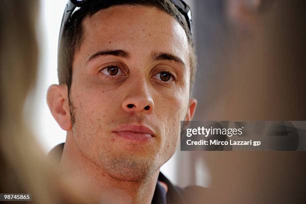 Andrea Dovizioso of Italy and Repsol Honda Team looks on during an interview in Honda Hopsitality at Circuito de Jerez on April 29, 2010 in Jerez de...
