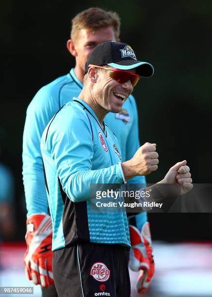 David Warner of Winnipeg Hawks celebrates after running out Rayyan Pathan of Montreal Tigers during a Global T20 Canada match at Maple Leaf Cricket...