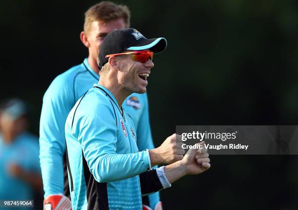 David Warner of Winnipeg Hawks celebrates after running out Rayyan Pathan of Montreal Tigers during a Global T20 Canada match at Maple Leaf Cricket...