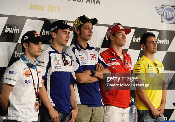 Dani Pedrosa of Spain and Repsol Honda Team and Jorge Lorenzo of Spain and Fiat Yamaha Team and Valentino Rossi of Italy and Fiat Yamaha Team and...