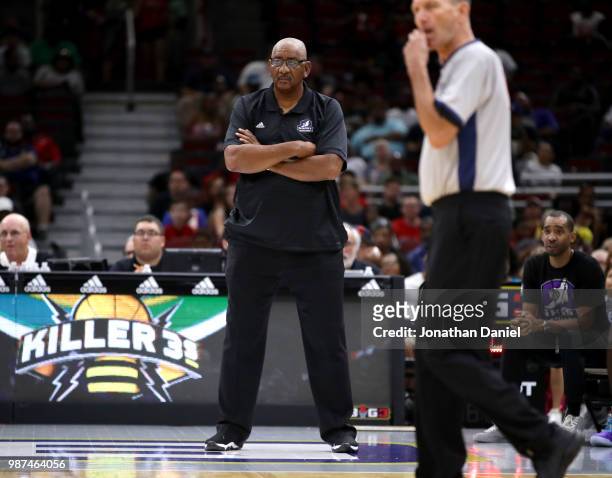 Head coach George Gervin of Ghost Ballers watches the action against the Killer 3s during week two of the BIG3 three on three basketball league at...